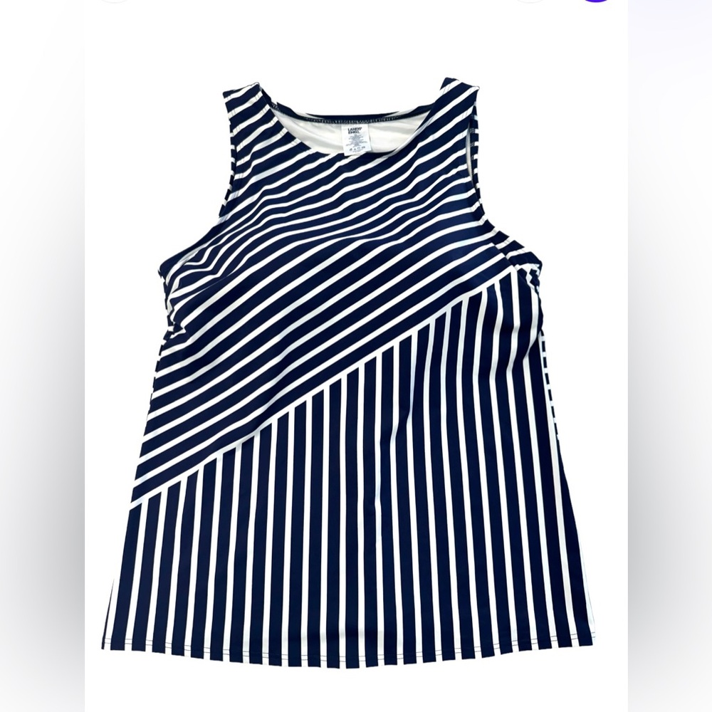 Lands’ End High Neck Modest Deep Sea Navy Diagonal Stripe Tankini Sz. 14L